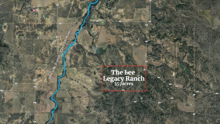 Aerial map view showing "The Lee Legacy Ranch 357 acres" outlined in red near 0000 CR 436, Mercury TX 76872. The Wild Cat Branch Colorado River flows nearby, surrounded by rural roads, pastureland, and scattered trees.