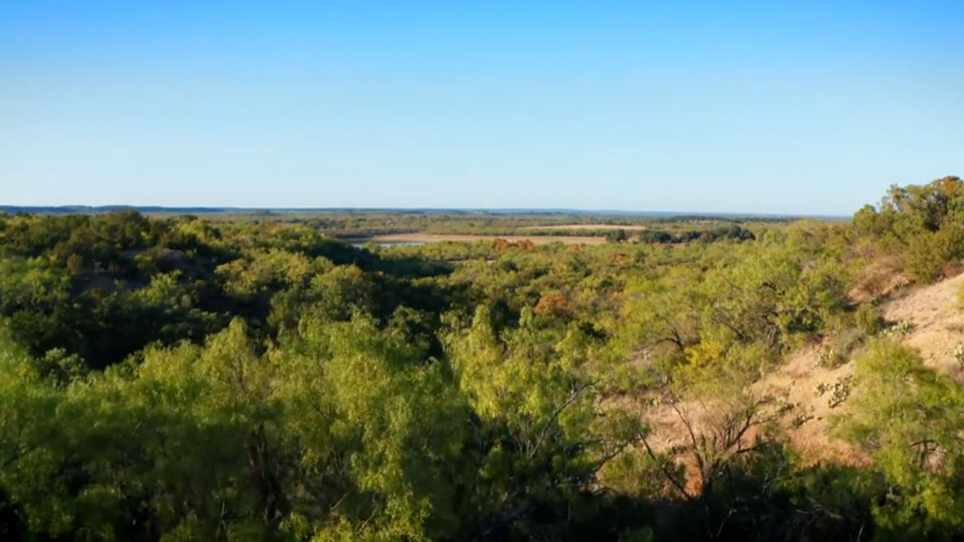 A scenic landscape near Mercury TX, with rolling hills covered in dense green trees under a clear blue sky, and a distant body of water visible on the horizon along CR 436.
