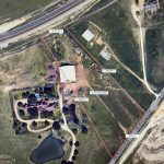 Aerial view of a rural property in Aledo, TX 76008, with a house, barn, pond, and fenced area. Measurements in feet mark boundaries along FM 1187; roads border the land dotted with trees and structures on open grassy terrain.