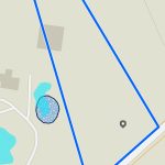 A digital map displays a large, irregular, blue-outlined plot of land at 2301 FM 1187 in Aledo, TX, bordered by two roads. Pale shapes indicate buildings and small ponds within and near the outlined area. Map icons are visible.