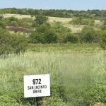 A grassy field with shrubs and rolling hills in the background. In the foreground, a white sign reads "972 San Jacinto Drive," set in scenic Aledo, TX.