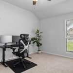 Minimalist home office with a black desk, ergonomic chair, monitor, and lamp in the corner. A potted plant sits by a window with blinds, allowing natural light into the carpeted room.