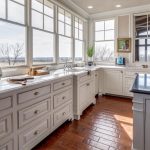 Bright kitchen with white cabinets, marble countertops, large windows showing a scenic outdoor view, and a dark wooden floor. A kitchen island with a dark countertop is on the right. Decor and cookware are neatly arranged.