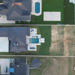 Aerial view of a lakeside property with a large house, central backyard pool, paved patio, driveway, and a covered dock extending over the water. The lot is outlined in white. Neighboring homes and lawns are visible.