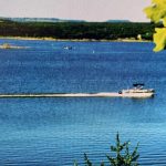 A motorboat speeds across a blue lake, leaving a white wake behind. Green trees frame the foreground and distant shoreline, with hills and a clear sky in the background.
