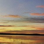 A calm lake at sunset with reflections of colorful clouds in the water and tall grasses along the shore, creating a peaceful and serene atmosphere.