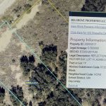 A digital land map shows outlined property boundaries, parcel numbers, and vegetation. An information box lists details for Belgrove Properties LLC, including property ID, acreage, legal description, and location data.