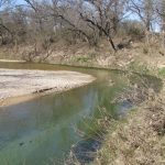 A river curves through a dry landscape with leafless trees and sandy banks. The water is clear and shallow, and the surrounding vegetation is sparse and brown, indicating a winter or early spring season.