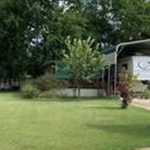 A white RV is parked under a metal carport beside a neatly mowed lawn, with trees and bushes surrounding the area on a sunny day.