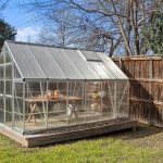 A small glass greenhouse with a pitched roof stands on a wooden platform in a fenced backyard. Inside, potted plants and gardening supplies sit on wooden tables. Leafless trees are visible in the background.