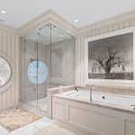 Elegant bathroom with a glass-enclosed shower, a marble-topped bathtub, striped wallpaper, a round window, a large framed tree photograph, and a towel hanging on the wall.