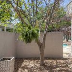 A small outdoor patio area with a tree and hanging fern, bordered by a white wall. There is a white planter in one corner, gravel on the ground, and a view of a pool through glass doors on the right.