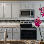 Modern kitchen with light gray cabinets, stainless steel appliances, a granite countertop, and a gray and white tile backsplash. A pink orchid in a pot sits on the counter in the foreground.