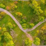 A winding dirt path curves through a green, tree-filled landscape, viewed from above. The road bends sharply among patches of grass and trees, with sunlight highlighting the natural scenery.