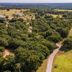 Aerial view of a rural landscape with a winding road, clusters of green trees, scattered houses, and open grassy fields under a clear sky.