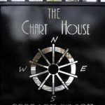 A black metal sign for "The Chart House" features a nautical compass design with N, S, E, and W directions and is attached to a gate with plants and a building visible in the background.