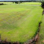 A wide, open grassy field bordered by a dirt road and sparse trees, with a small black container and a patch of bare soil near the bottom right; a distant cemetery and rural landscape are visible in the background.