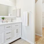 Bright bathroom with a large mirror, double sink vanity with silver handles, a towel hanging on the wall, a small potted plant, and an adjacent walk-in closet with tile flooring and wire shelving.