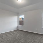 Empty room with light gray carpet, white walls, and two windows letting in natural light. There is a ceiling light fixture, and the windows overlook a fenced backyard with grass and neighboring houses.
