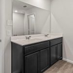 A modern bathroom with a double-sink vanity, dark cabinets, a large mirror, and light-colored walls. To the right is a doorway leading to a carpeted walk-in closet. The floor is wood-style tile.