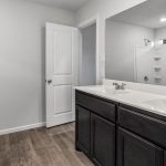 Modern bathroom with wood-look flooring, double sink vanity with dark cabinets, large mirror, white door, and a bathtub with white tile surround. The walls and ceiling are painted light gray.