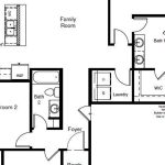Black and white floor plan of a house featuring three bedrooms, two bathrooms, a family room, kitchen, laundry room, foyer, porch, covered patio, and a two-car garage.